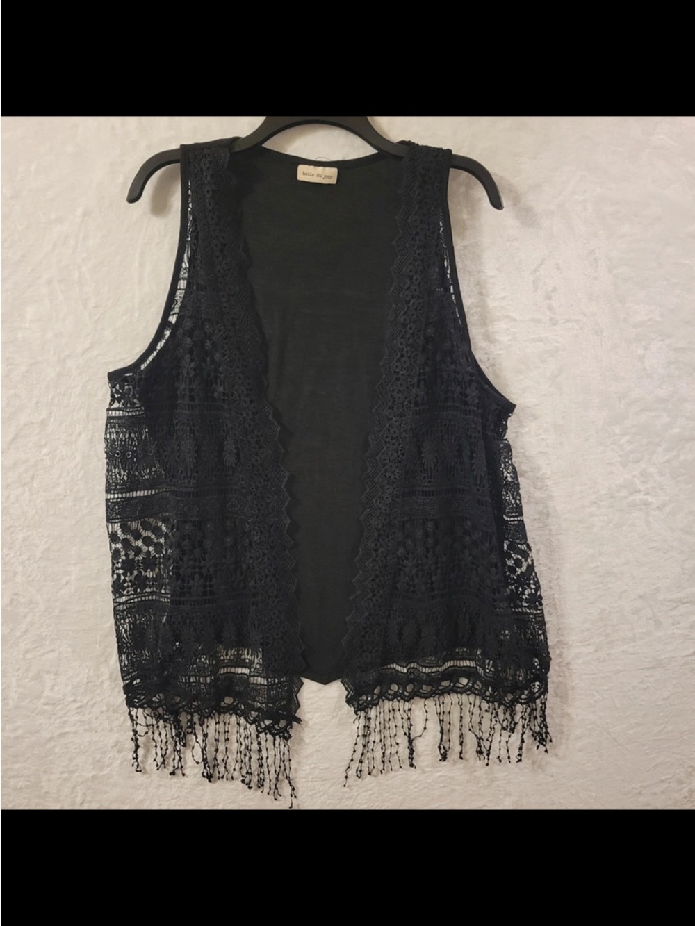 belle du jour Black Crochet Lace Front Fringe Cardigan Kimono Vest XL 16-18 Boho